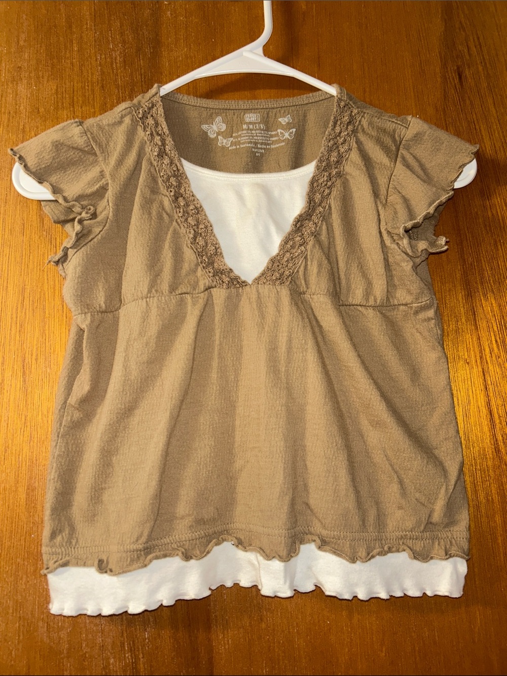 Faded Glory Brown Short-Sleeve Layered V-Neck Top with White Insert